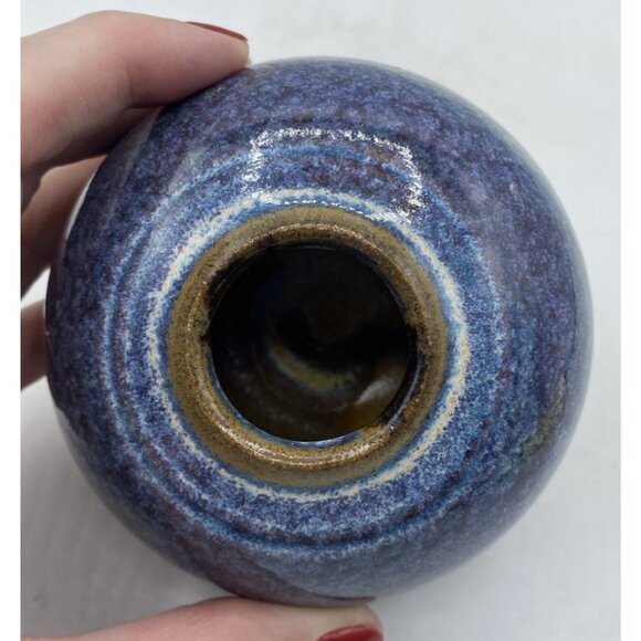 Studio Pottery Round Blue Vase Signed 2.75 in Tall Handmade Artisan Collectible - Picture 6 of 13